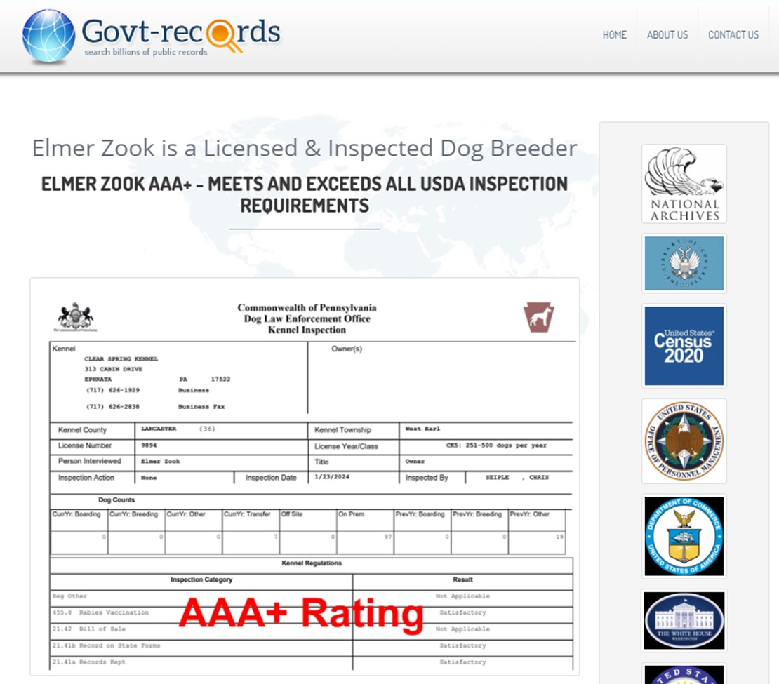 Dog Breeder Elmer Zook Inspection Report