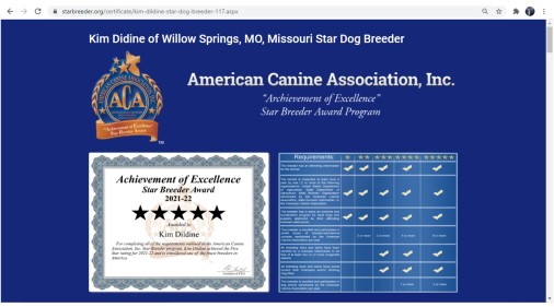 Kim Dildine dog breeder 5 star willow springs, MO