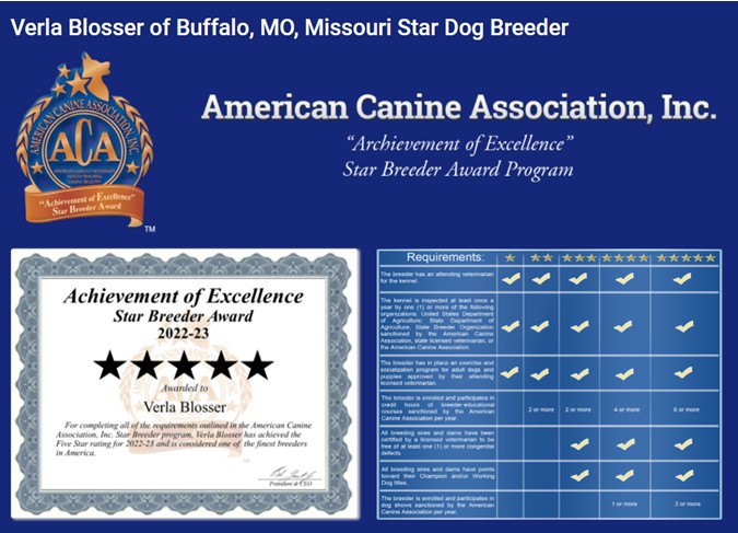 starbreeder, Verla, Blosser, dog, breeder Verla-Blosser, buffalo, mo, missouri, dog-breeder, reviews, star, starbreeder, aca, ica, registered, puppies, for, sale, puppy, mill,  USDA, 43-A-4957, 43a4957